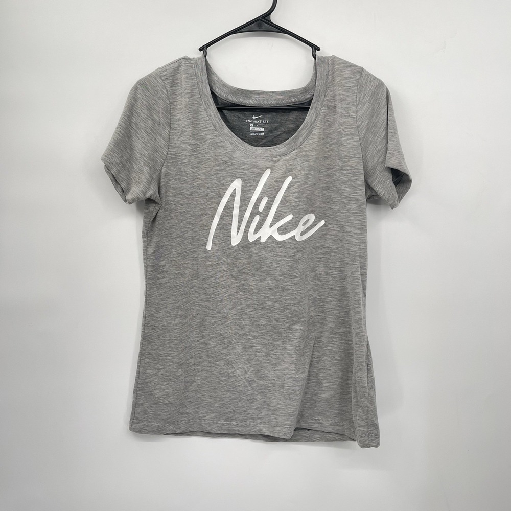 Nike Small Dri-FIT Graphic T-Shirt Womens Gray Heathered Scoop Neck Short Sleeve